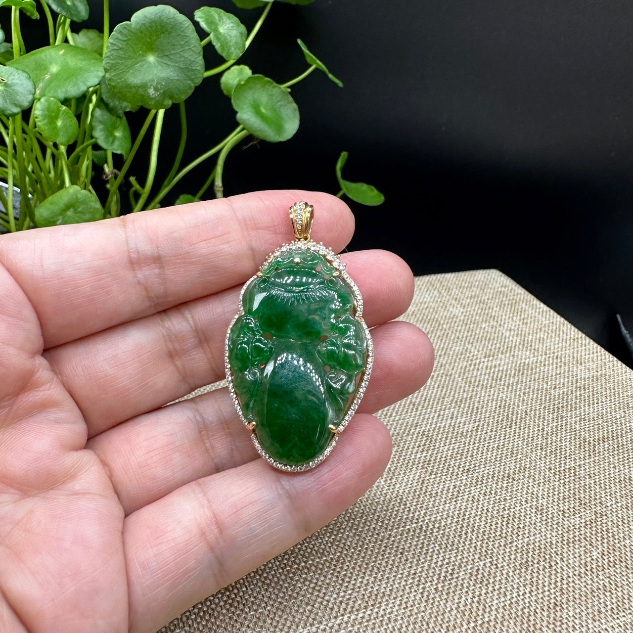 RealJade® Co. Genuine Burmese Green Jadeite Jade RuYi Pendant with 18k Rose Gold Diamond Bail