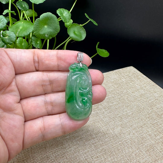 RealJade® Co. Genuine Burmese Green Jadeite Jade RuYi Pendant with 18k White Gold Diamond Bail