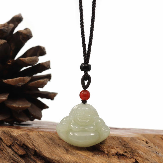 RealJade Co. Jade Pendant Necklace "Laughing Buddha" Genuine White Jade Pendant Necklace