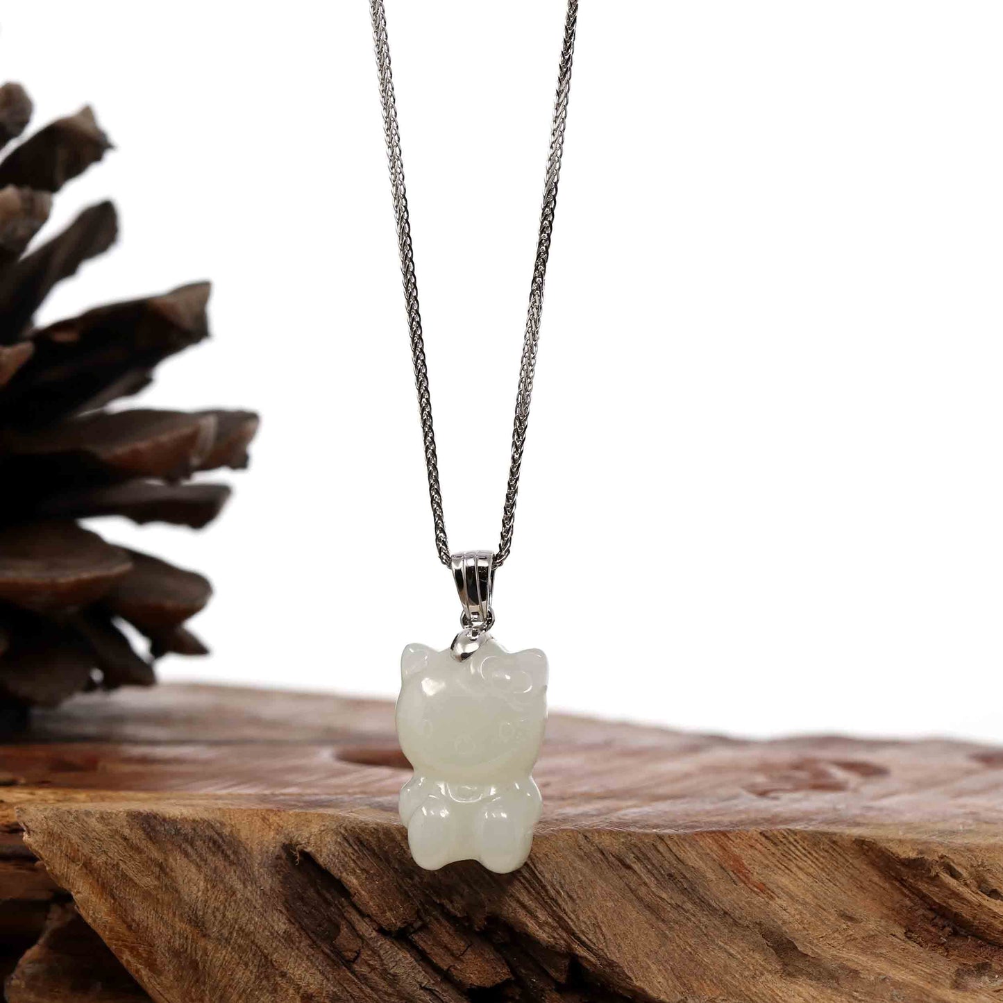 RealJade Co.® Jade Pendant Necklace Baikalla "Lucky Kitten" White Nephrite Jade Pendant Necklace With Silver Bail