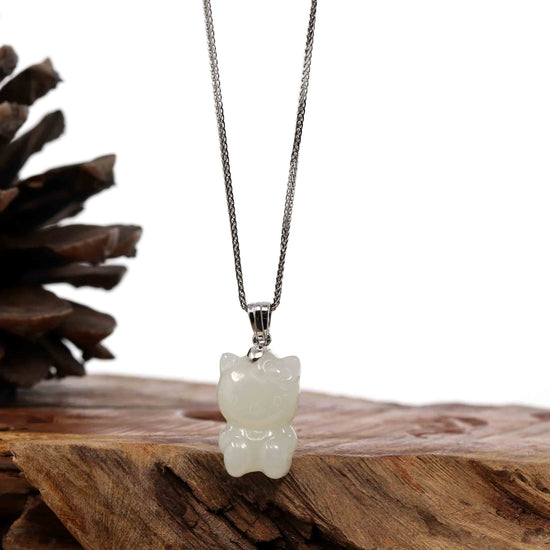 RealJade Co.® Jade Pendant Necklace Baikalla "Lucky Kitten" White Nephrite Jade Pendant Necklace With Silver Bail