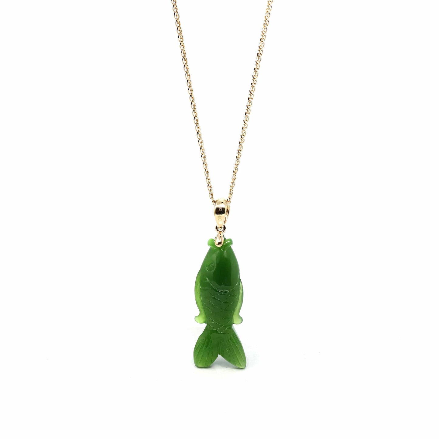 RealJade¨ Co. Gold Jade Necklace  Baikalla™ : " Gold Fish " 14k Yellow Gold Genuine Nephrite Green Jade Pendant Necklace