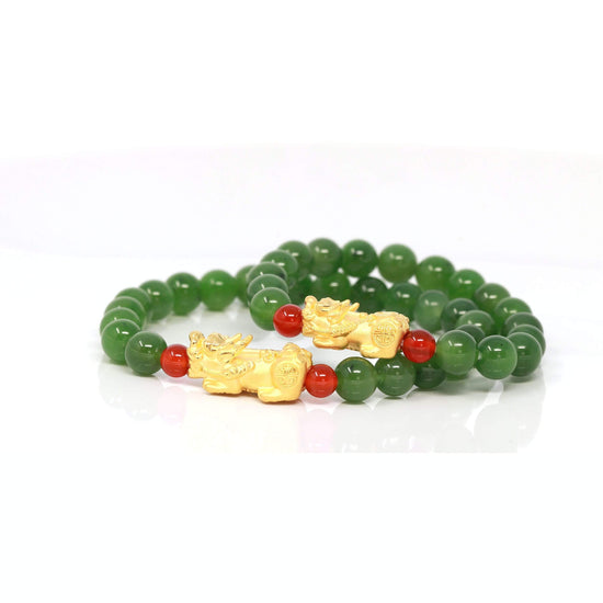 24K Pure Yellow Gold "PiXiu" With Genuine Green Jade Round Beads Bracelet Bangle ( 8 mm )