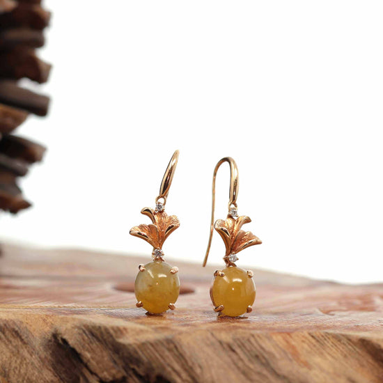 18K Rose Gold "Ginkgo Leaf" Yellow Jadeite Jade Dangle Earrings