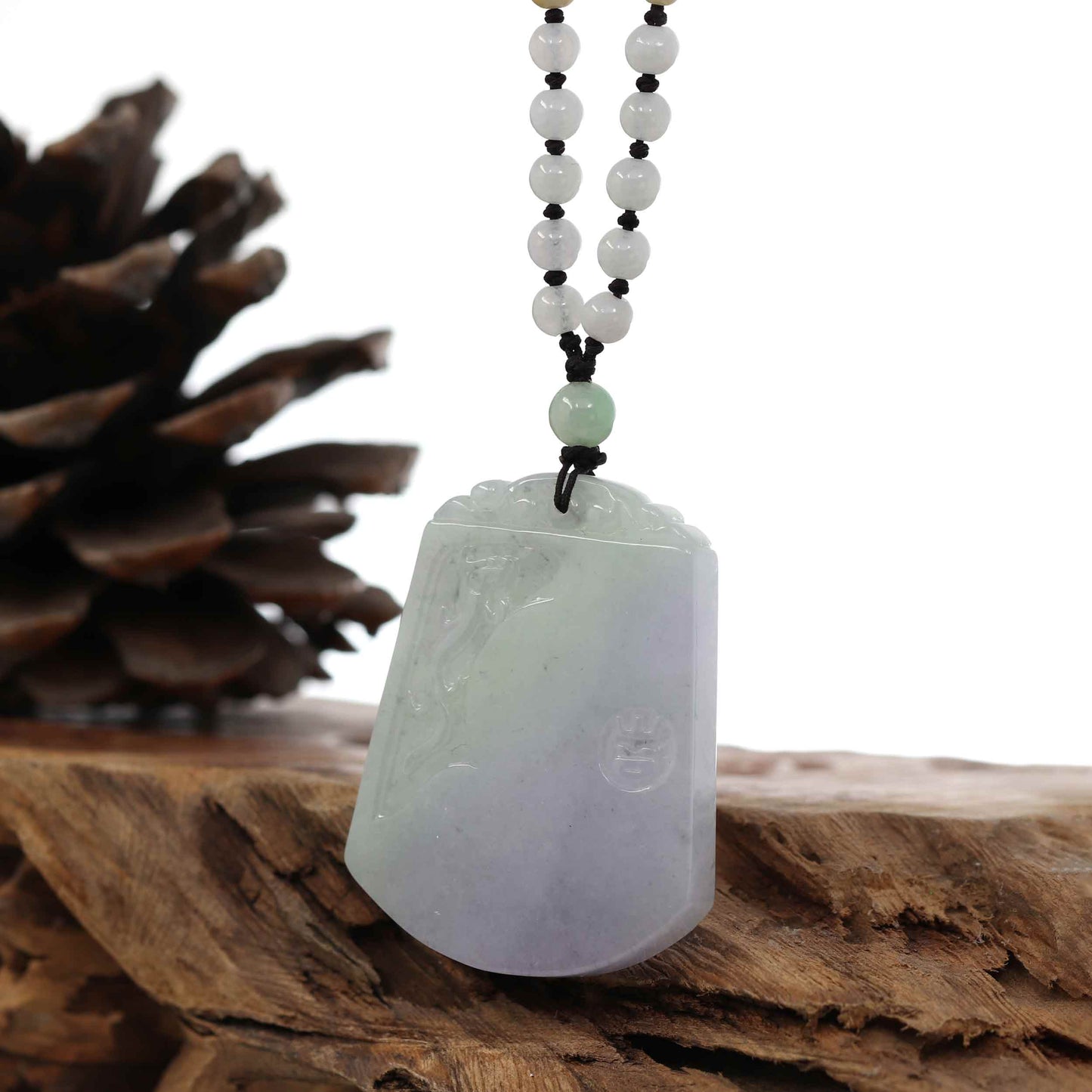Genuine Lavender & Green Jadeite Jade "Good Luck & Safety" Pendant Necklace With Real Jadeite Bead Necklace