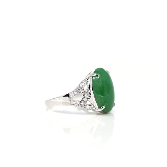 RealJade Co. Jadeite Engagement Ring 18k White Gold Natural Imperial Green Oval Jadeite Jade Engagement Ring With Diamonds