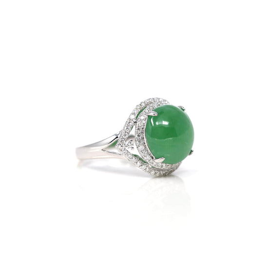 RealJade Co. Jadeite Engagement Ring 18k White Gold Natural Imperial Green Oval Jadeite Jade Engagement Ring With Diamonds
