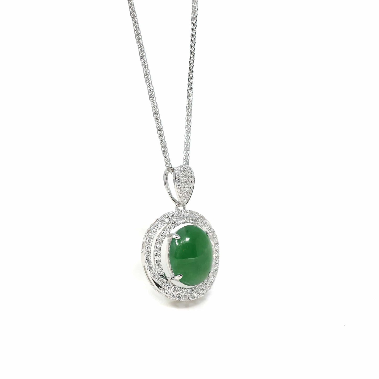 RealJade Co. 18k Gold Jadeite Necklace 18K White Gold Oval Imperial Jadeite Jade Cabochon Necklace with Diamonds