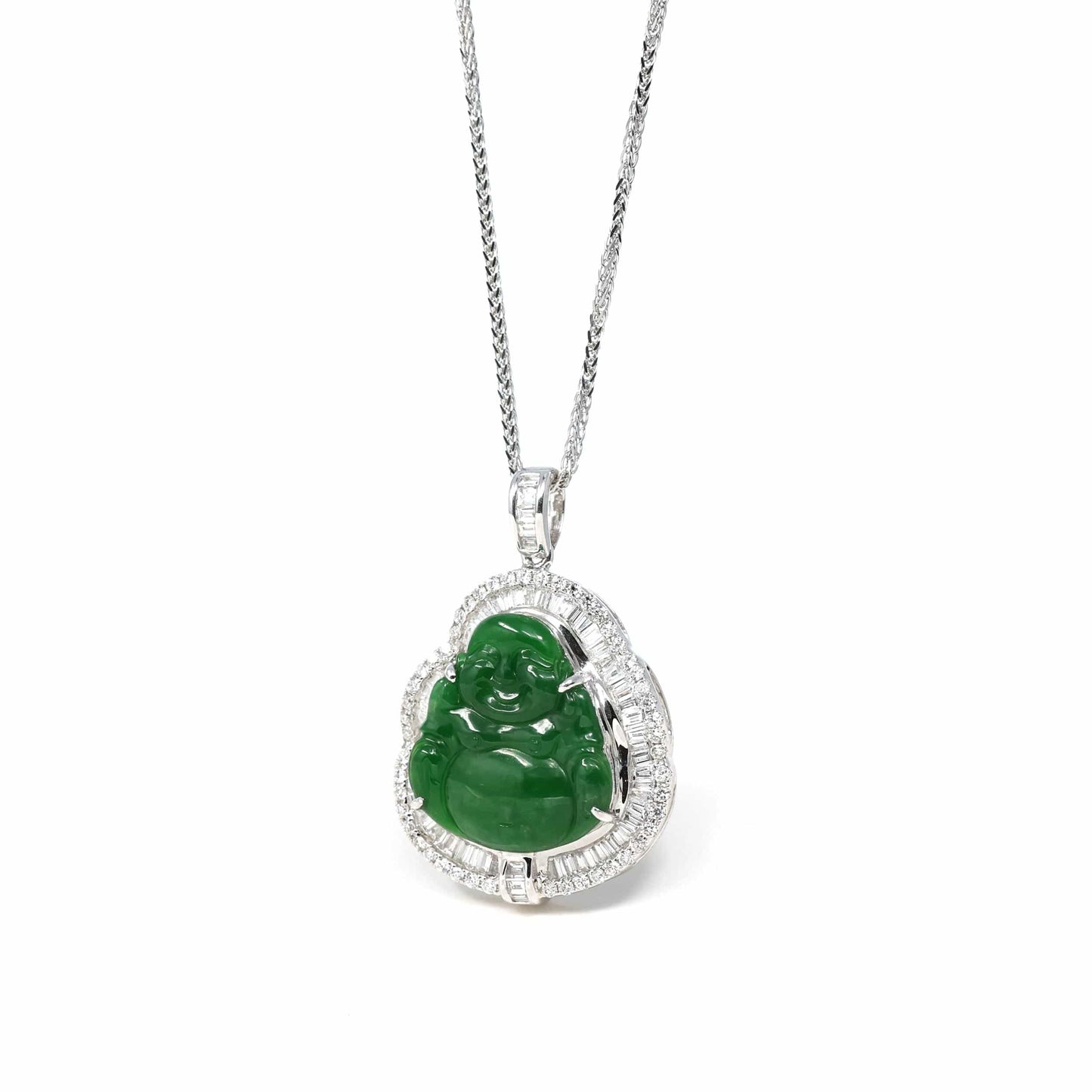 RealJade Co. 18k Gold Jadeite Necklace 18K White Gold High-End Imperial Jadeite Jade Buddha Necklace with Diamonds