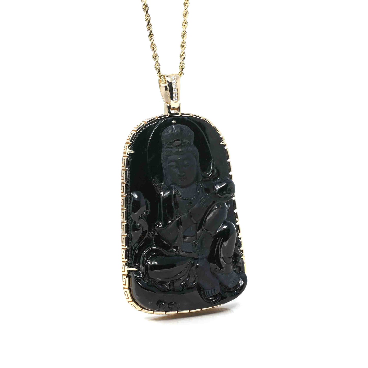 RealJade® Co. 14k Yellow Gold "Goddess of Compassion" Genuine Black Burmese Jadeite Jade Guanyin Necklace With Gold Bail