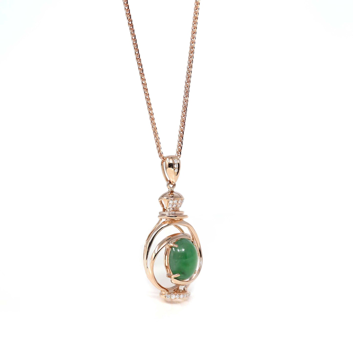 RealJade Co. 18k Gold Jadeite Necklace 18K Rose Gold Oval Imperial Jadeite Jade Cabochon Necklace with Diamonds