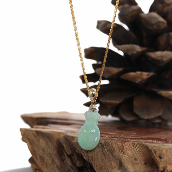 Natural Green Jadeite Jade "Magic Bottle Gourd" Hulu Necklace With 14k Yellow Gold Bail