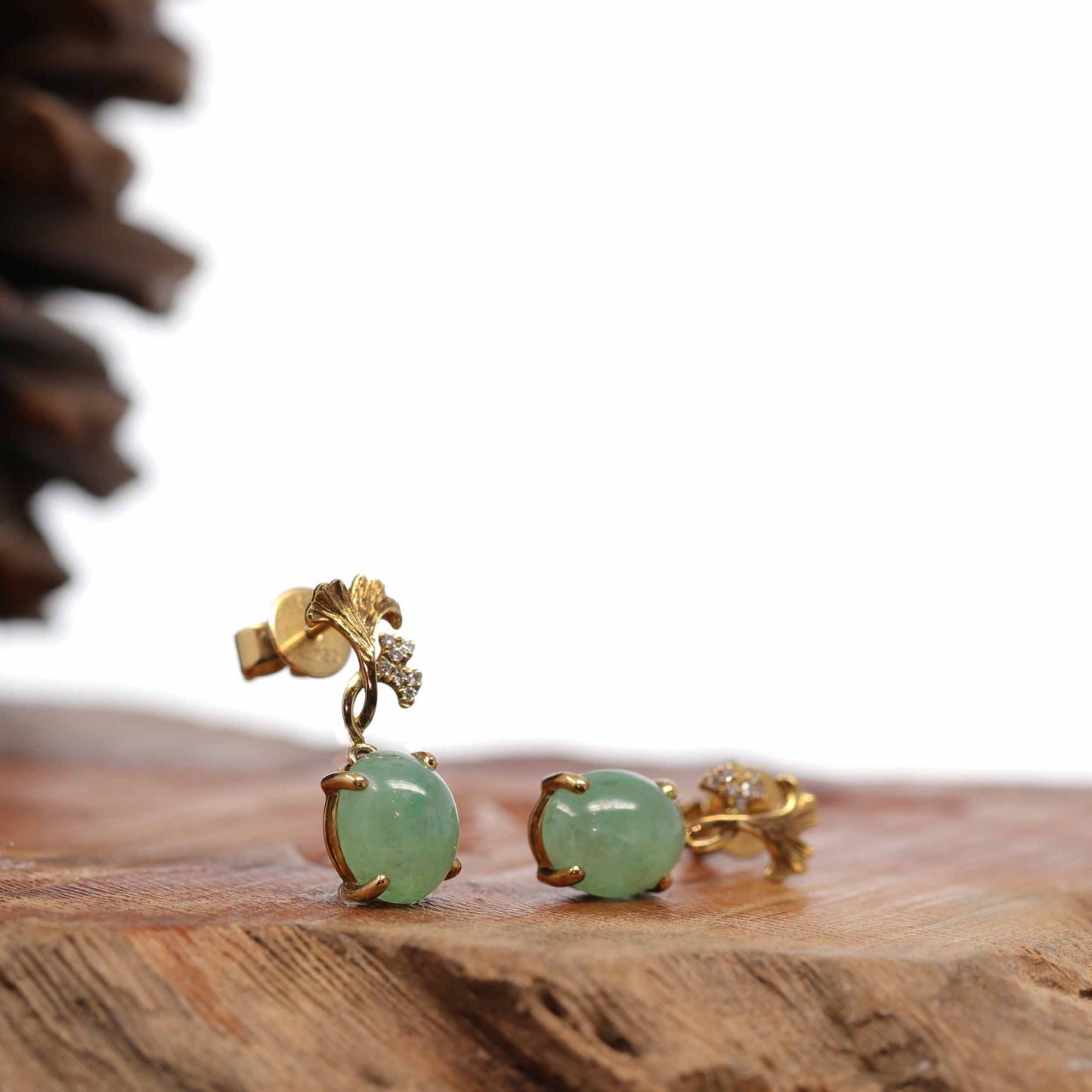 18K Rose Gold ""Ginkgo Leaf"" Green Jadeite Jade Dangle Stud Earrings