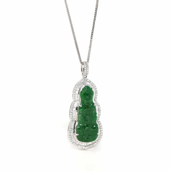 RealJade Co. 18k Gold Jadeite Necklace 18K White Gold High-End Imperial Jadeite Jade "Goddess of Compassion" Guan Yin Necklace with Diamonds