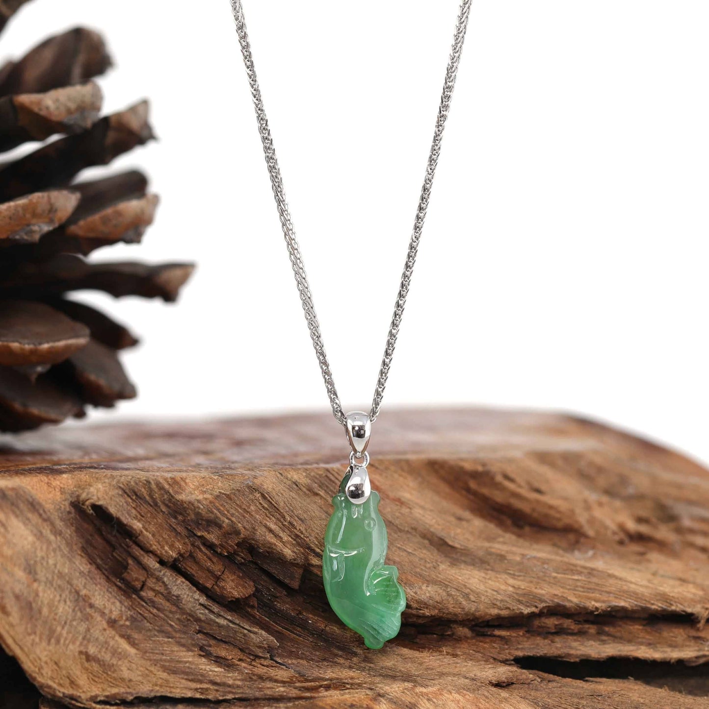 RealJade® "Prosperity Every Year (年年有鱼)" Lucky Fish Carving Pendant Necklace Natural Green Jadeite Jade JG154