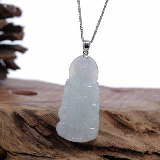 RealJade® 14k White Gold "Goddess of Compassion" Genuine Ice Burmese Jadeite Jade Guanyin Necklace With Gold Bail