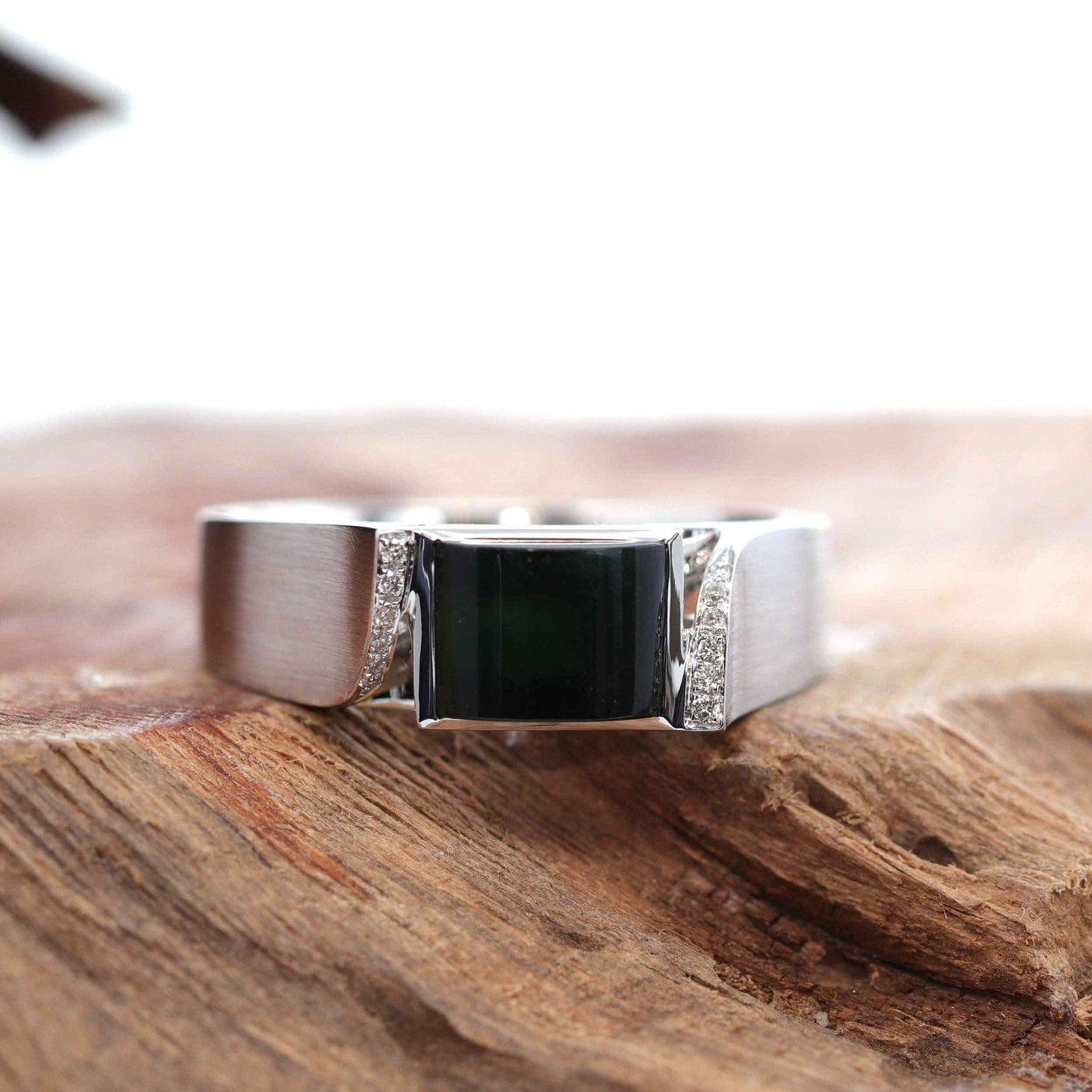 RealJade® "Classic Emerald Style" Genuine Burmese Emerald Cut Black Jadeite Jade Engagement Ring