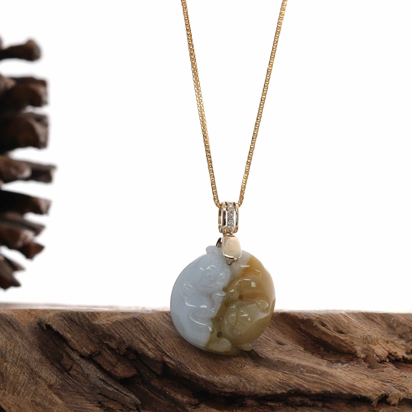 Natural Jadeite Yin Yang Pixiu Necklace With 14k Yellow Gold Diamond Bail