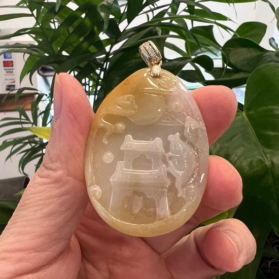RealJade Co. Jade Guanyin Pendant Necklace Genuine Yellow White Jadeite Jade "Happiness in front of your eyes" Fu Zai Yan Qian Pendant Necklace With 14K White Gold Bail