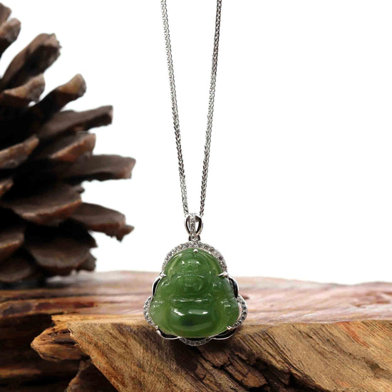 RealJade Co.® Sterling Silver Genuine Nephrite Green Jade Small Buddha Pendant Necklace