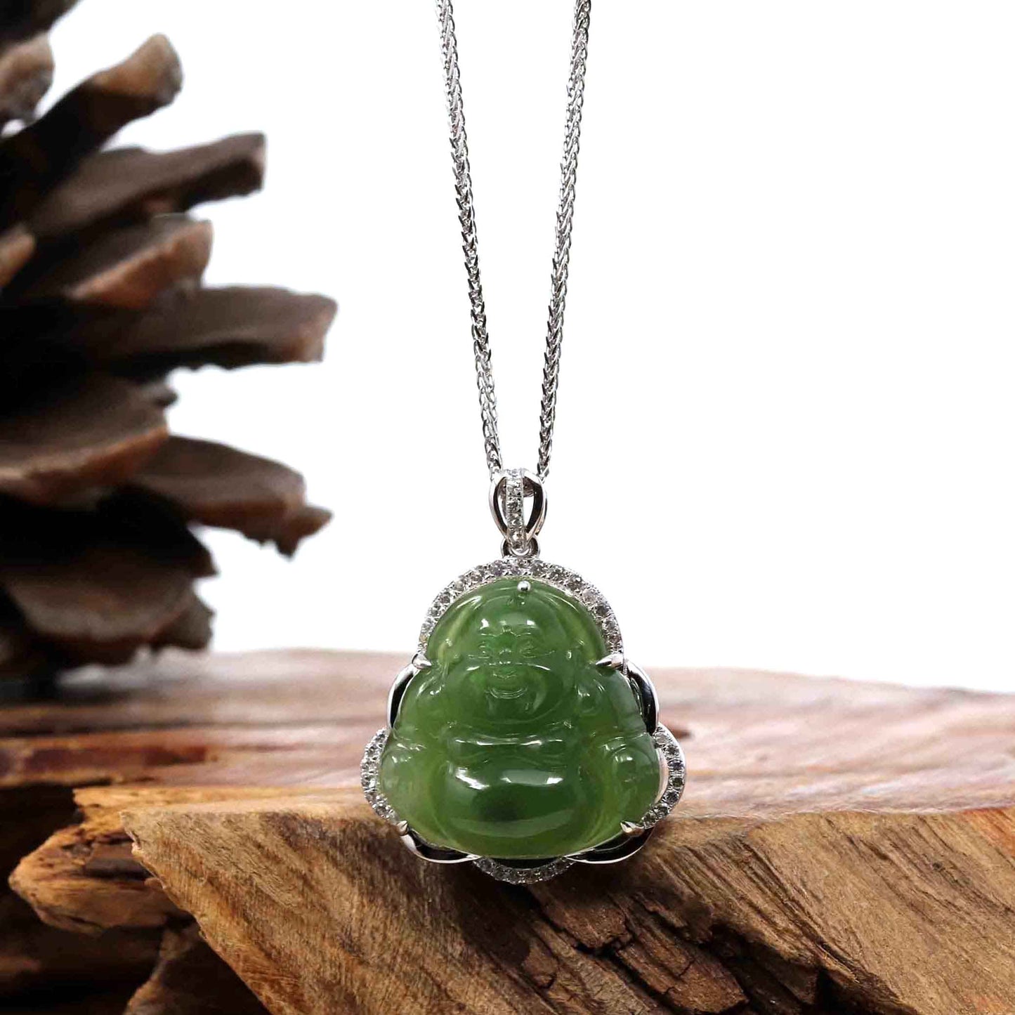 RealJade® Co. Sterling Silver Genuine Nephrite Green Jade Small Buddha Pendant Necklace