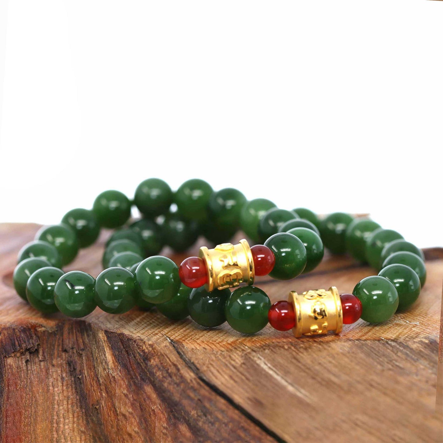 24K Pure Yellow Gold Buddha Symbol Tongtong With Genuine Green Jade Round Beads Bracelet Bangle ( 9.5 mm )