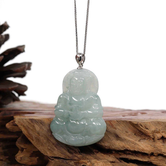 RealJade® "Goddess of Compassion" Genuine Burmese Ice Blue Jadeite Jade Guanyin Necklace With Good Luck Design Silver  Bail