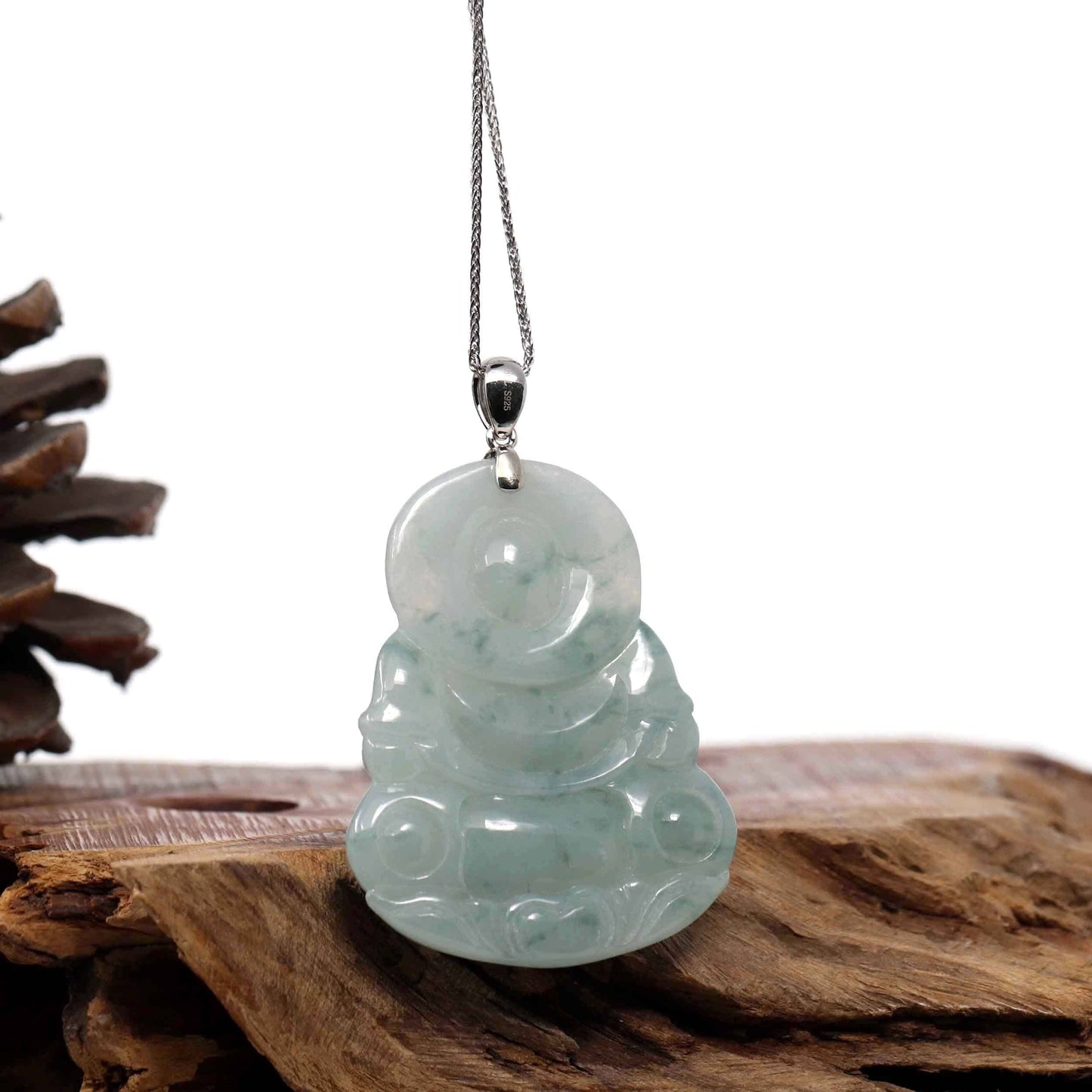 RealJade® "Goddess of Compassion" Genuine Burmese Ice Blue Jadeite Jade Guanyin Necklace With Good Luck Design Silver  Bail
