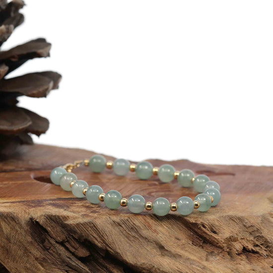 High Genuine Ice Jadeite Jade Round Beads Bracelet With 18K Yellow Gold Clasp ( 6.5 mm )