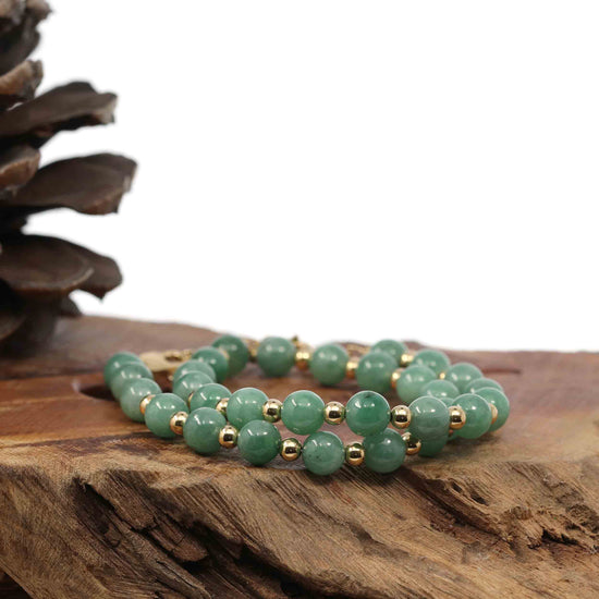 RealJade® Co. Genuine Green Jadeite Jade Round Beads Bracelet With 18K Yellow Gold Clasp and Gold Beads ( 7 mm )