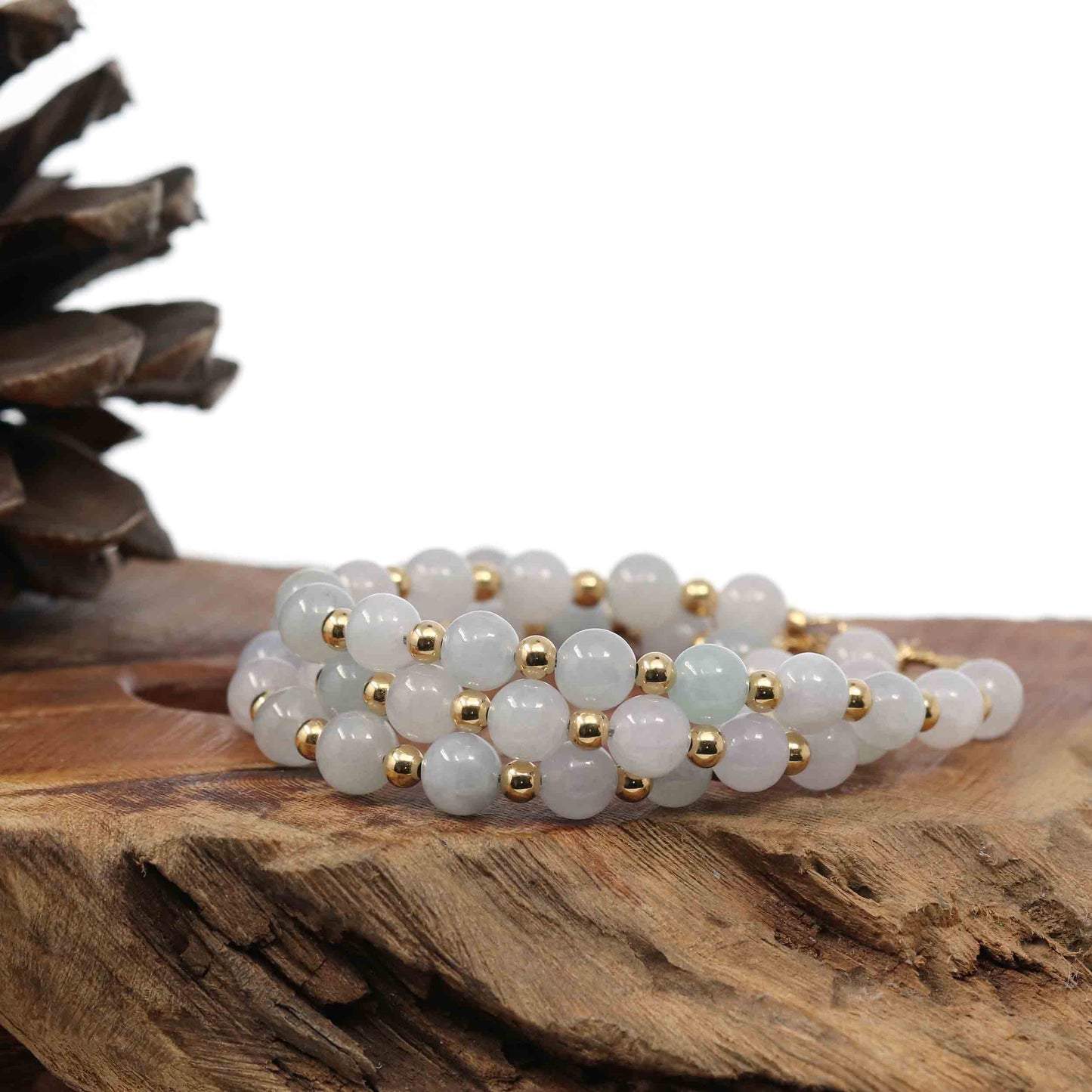 Genuine High Ice  Light Lavender Jadeite Jade Round Beads Bracelet With 18K Yellow Gold Clasp and Gold Beads ( 7 mm )