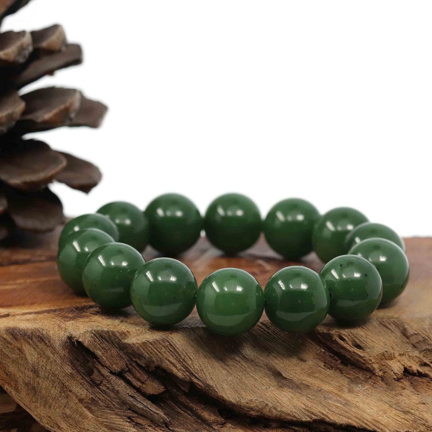 High Baikalla Genuine Green Nephrite Jade Large Round Beads Men's Bracelet( 14.8mm )
