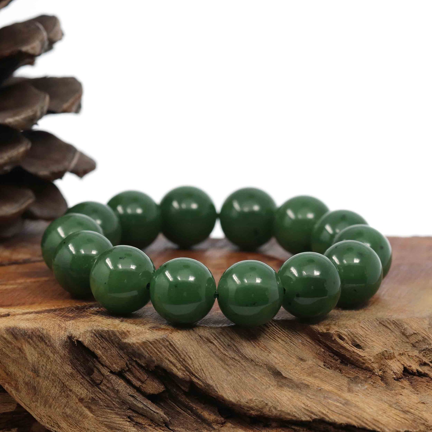 High RealJade® Co. Genuine Green Nephrite Jade Large Round Beads Men's Bracelet( 14.8mm )
