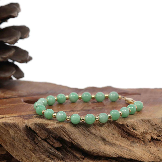 Genuine Green Jadeite Jade Round Beads Bracelet With 18K Yellow Gold Clasp and Gold Beads ( 6 mm )