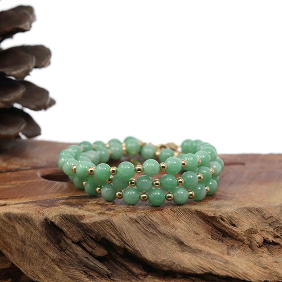 Genuine Green Jadeite Jade Round Beads Bracelet With 18K Yellow Gold Clasp and Gold Beads ( 6 mm )