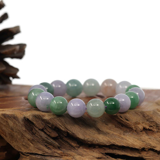 RealJade® Co. Genuine High end Jadeite Jade Round Multiple Colors Beads Bracelet ( 12 mm)