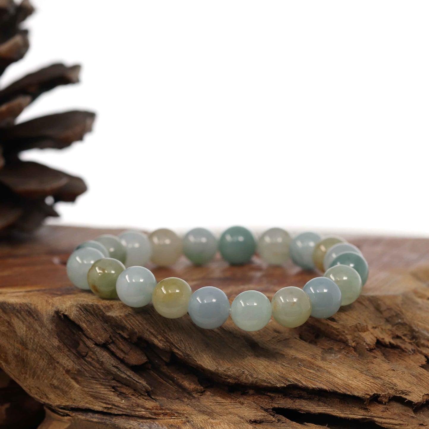 RealJade® Co. Genuine Jadeite Jade Round Ice Multiple Colors Beads Bracelet (9.5 mm)