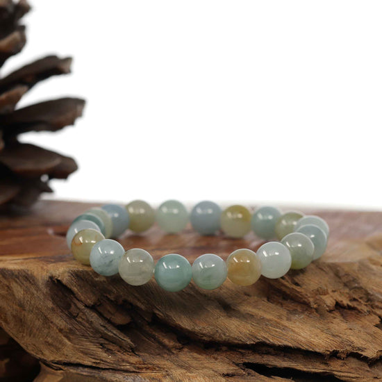 RealJade® Co. Genuine Jadeite Jade Round Ice Multiple Colors Beads Bracelet (9.5 mm)