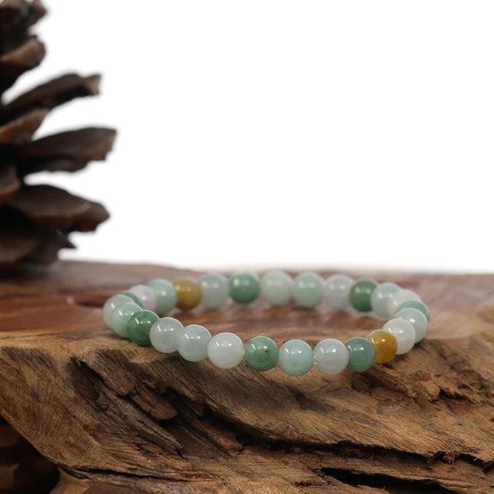 RealJade® Co. Genuine Jadeite Jade Round Multiple Colors Beads Bracelet (7.5 mm)