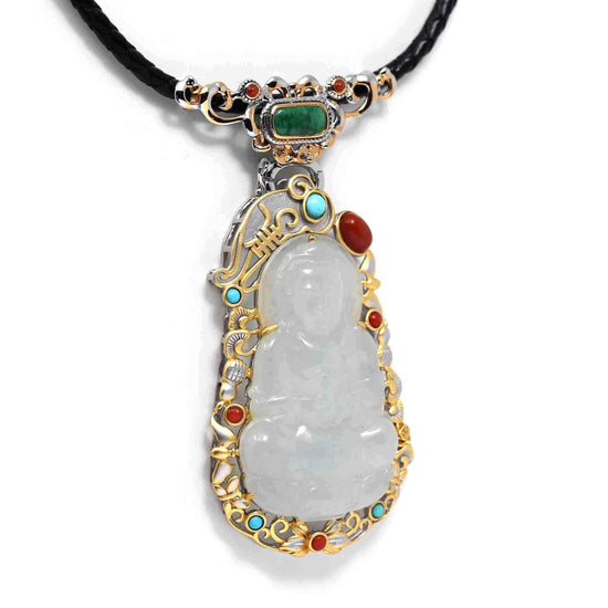RealJade® Co. Genuine Burmese Ice White Jadeite Jade Guanyin Pendant Necklace