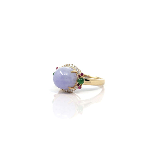RealJade® Co. 14k Yellow Gold Natural Rich Lavender Oval Jadeite Jade Engagement Ring With Diamonds