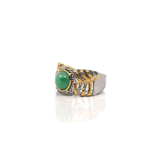 RealJade® Co. RealJade® Co. Antique Natural Jadeite Jade Sterling Silver Gold Plated Two Tone Ring