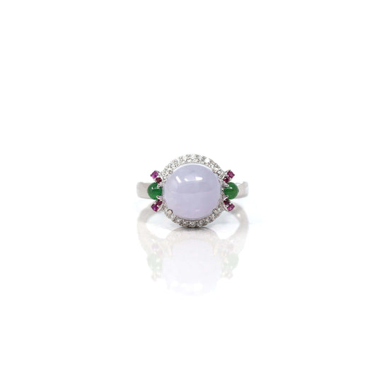 RealJade® Co. 14k White Gold Natural Rich Lavender Oval Jadeite Jade Engagement Ring With Diamonds