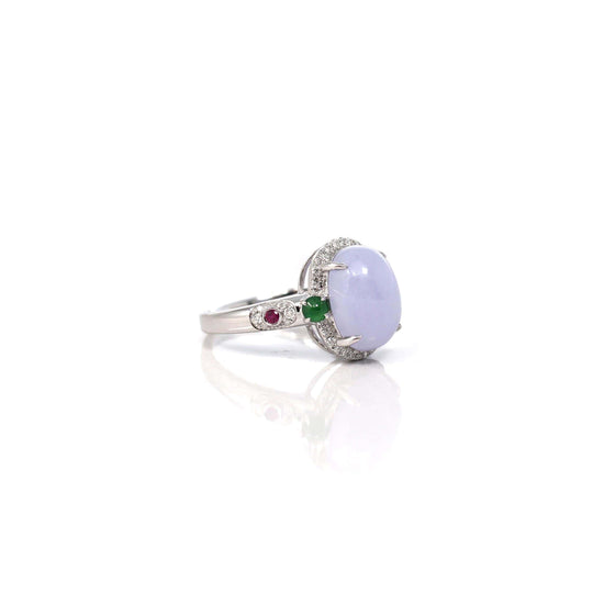 RealJade® Co. 14k White Gold Natural Rich Lavender Oval Jadeite Jade Engagement Ring With Diamonds
