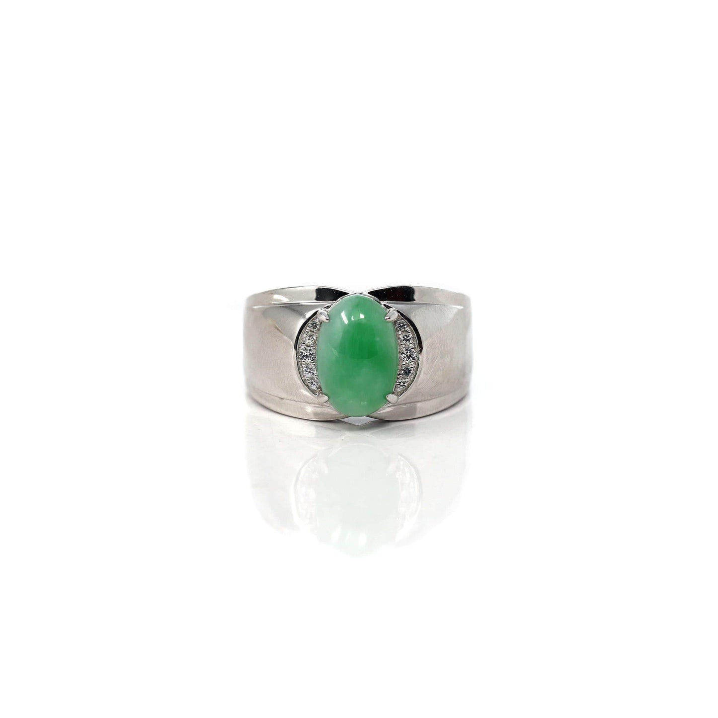 RealJade® Co. RealJade® Co. Sterling Silver Genuine Green Jadeite Jade Men's Ring with White Sapphire