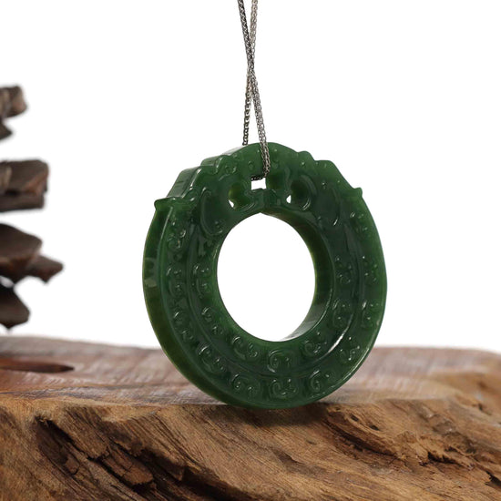 RealJade® Co. RealJade® Co. " Double Dragon Good Fortune" Carving Pendant Necklace Natural Nephrite Jade