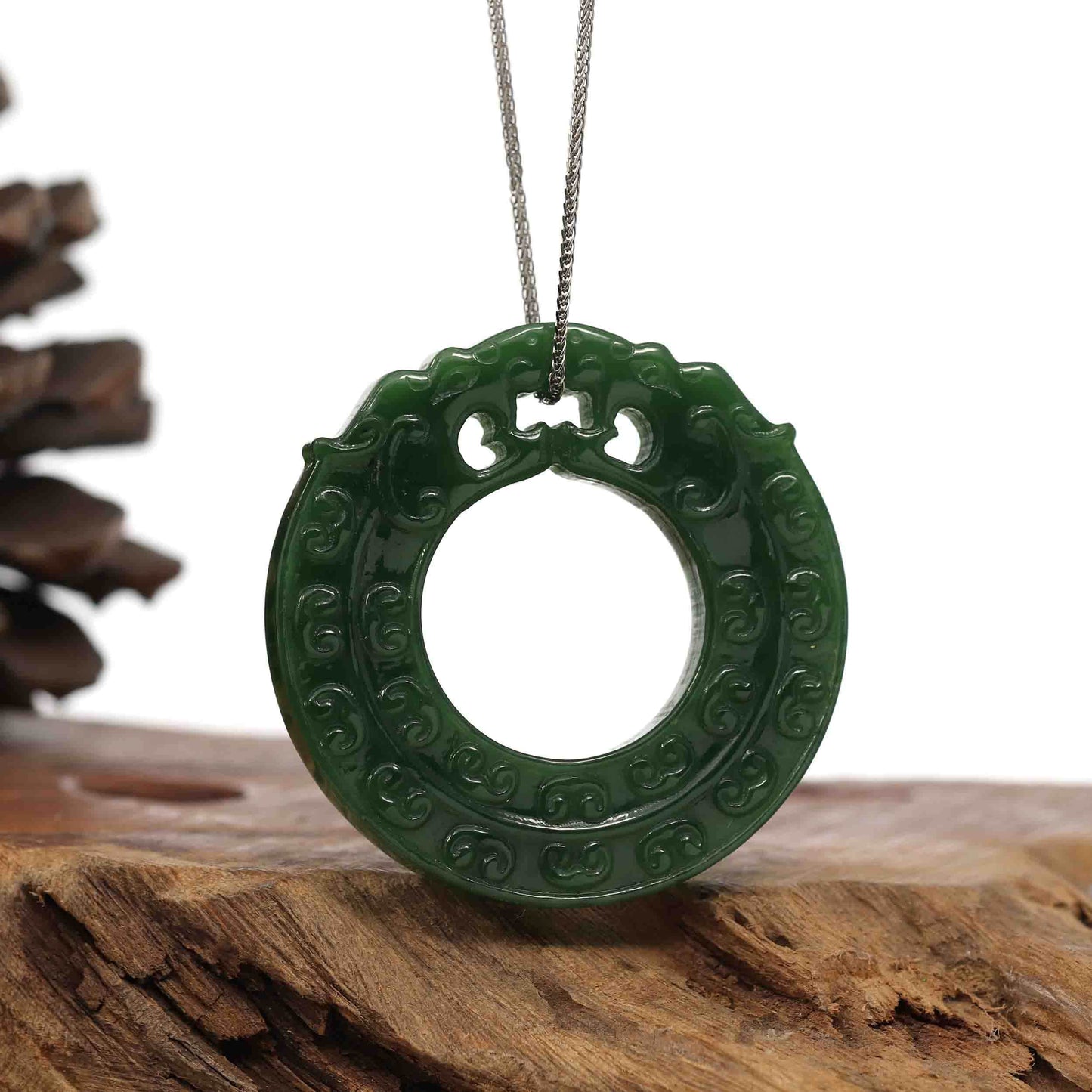 RealJade® Co. RealJade® Co. " Double Dragon Good Fortune" Carving Pendant Necklace Natural Nephrite Jade
