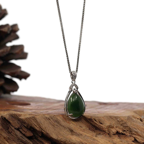 RealJade® Co. Genuine Green Nephrite Jade Tear Drop Pendant Necklace With CZ