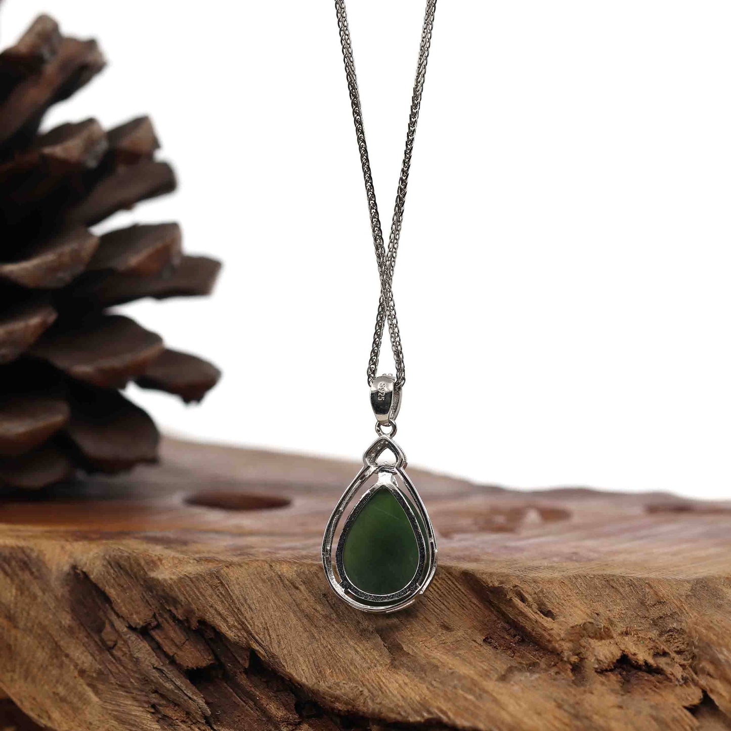 RealJade® Co. Genuine Green Nephrite Jade Tear Drop Pendant Necklace With CZ