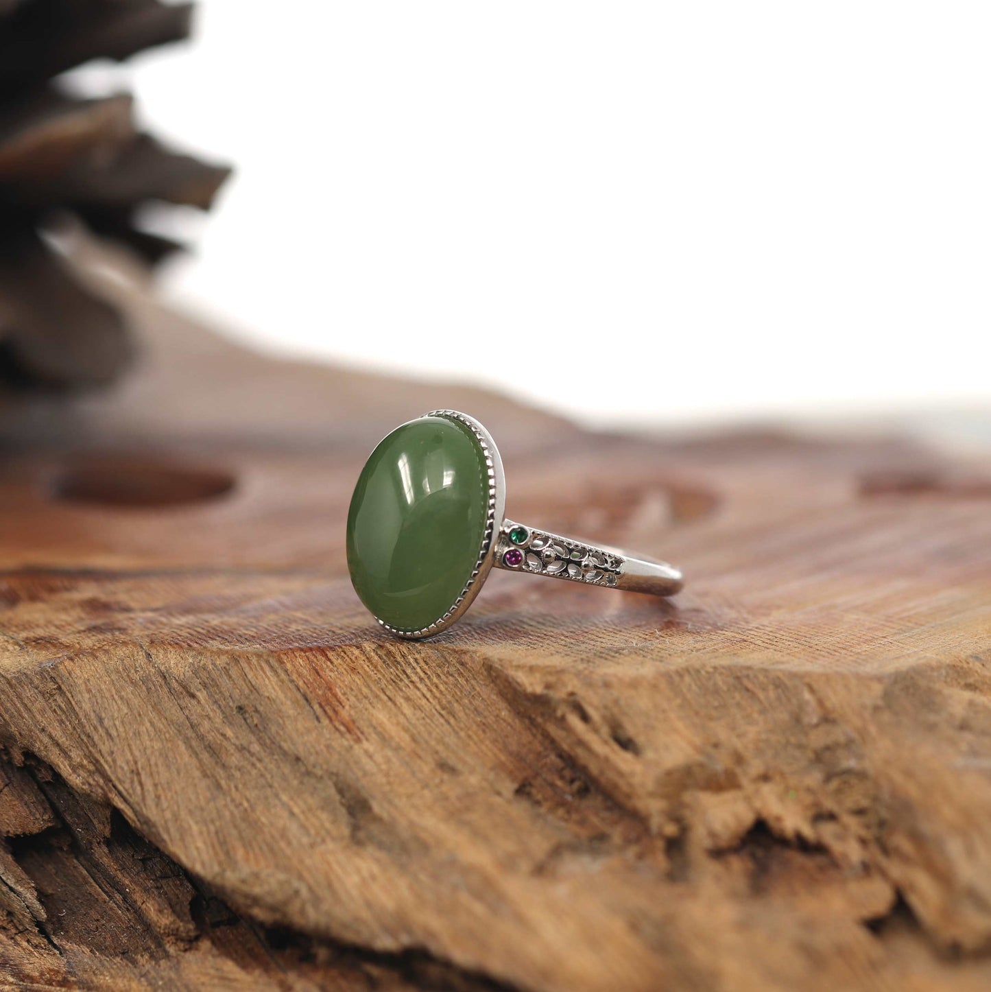 RealJade® Co. RealJade® Co. "Classic Oval With Accents" Sterling Silver Natural Green Nephrite Jade Adjustable Ring For Her